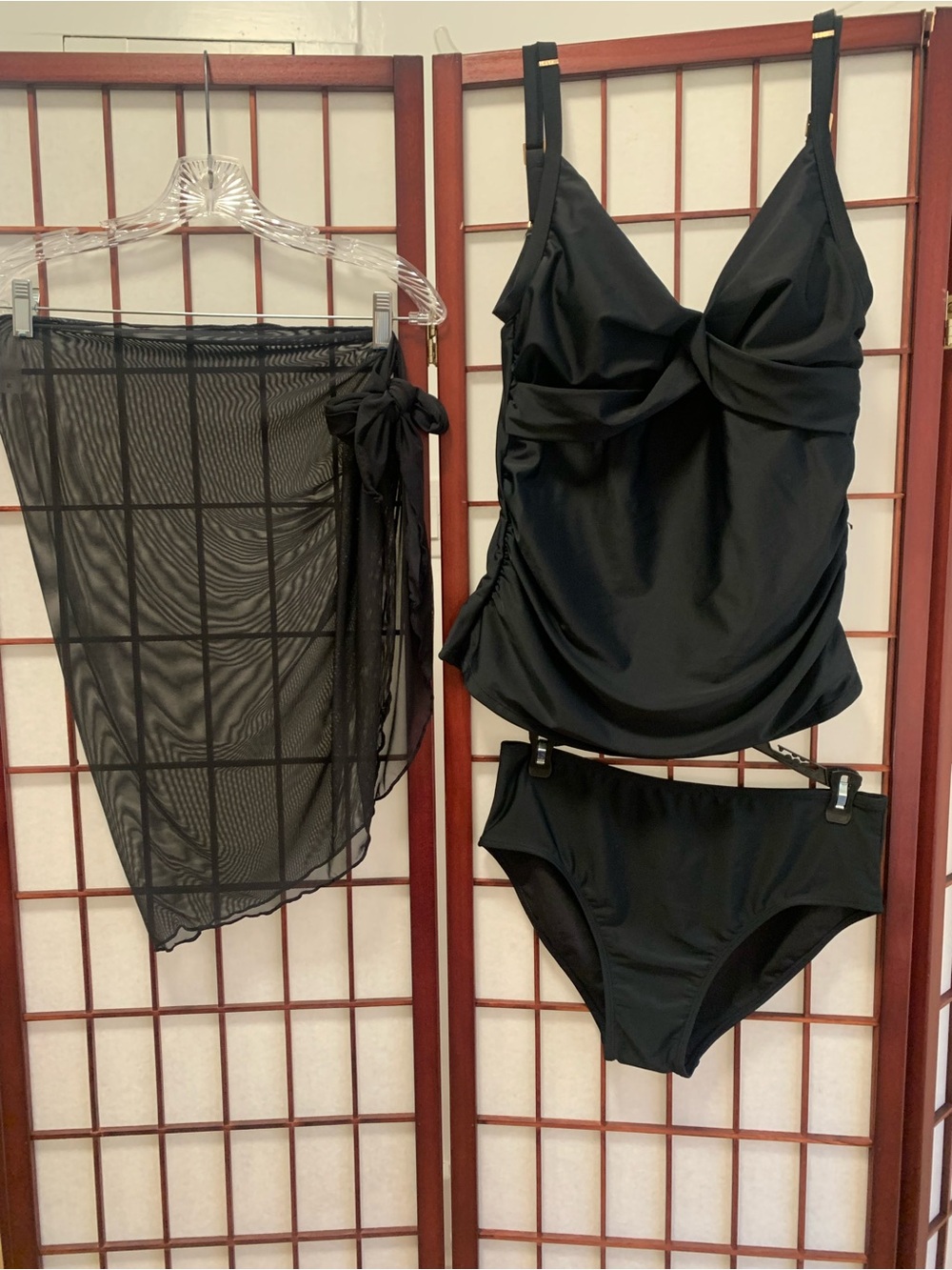 NWT Nicole Miller Studio Black 3-Piece Tankini Set with Sheer Sarong Size S